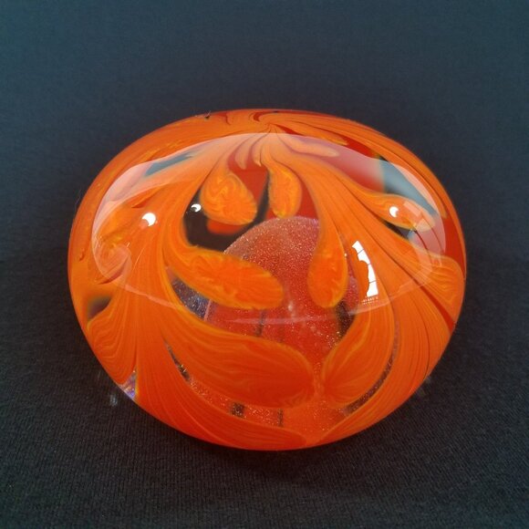 Lotton Art Glass Orange Paperweight SIGNED 2.5" x 3.5" Lotton Studio 2006